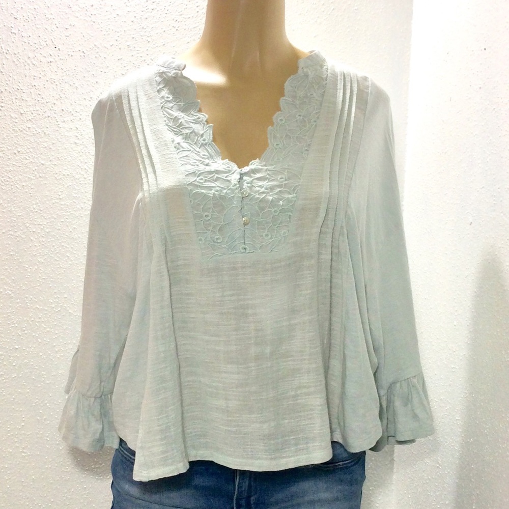 Lucky Brand Pale Mint Green Lace-Trim Boho Blouse